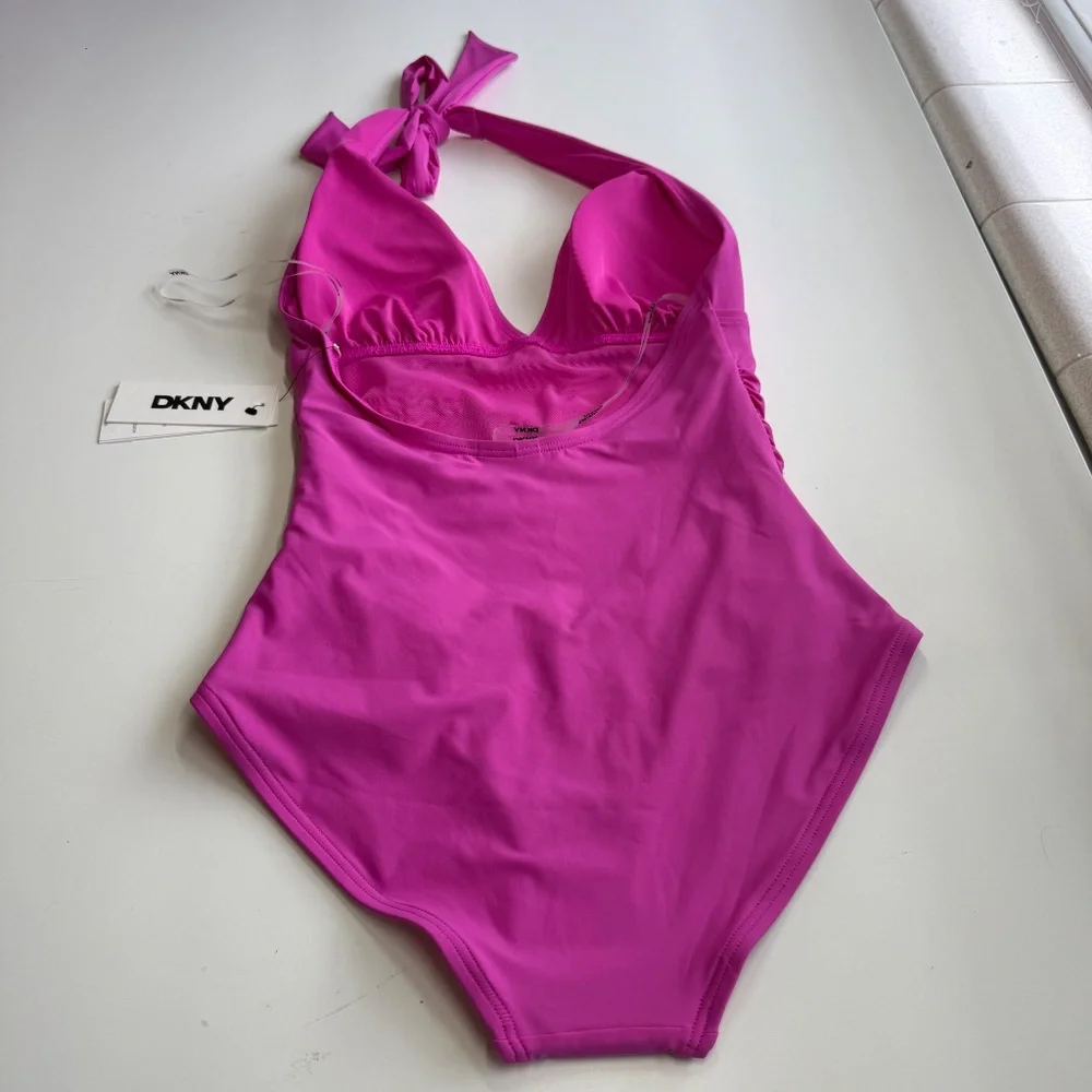 DKNY Womens Standard Triangle Shirred Carnation Pink Halter One Piece Swimsuit - Picture 4 of 8